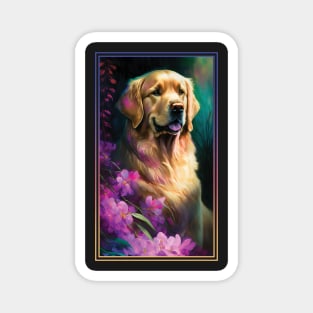 Golden Retriever Dog Vibrant Tropical Flower Tall Digital Oil Painting Portrait Magnet