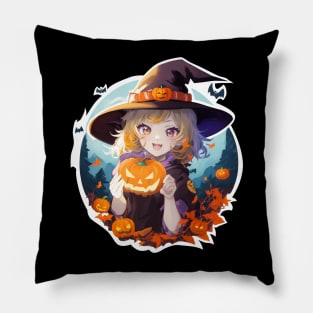 Halloween Enchantment: Young Witch with a Magical Pumpkin Pillow