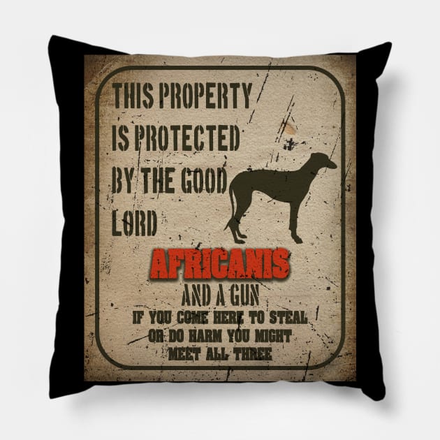 Africanis Silhouette Vintage Humorous Guard Dog Warning Sign Pillow by Sniffist Gang