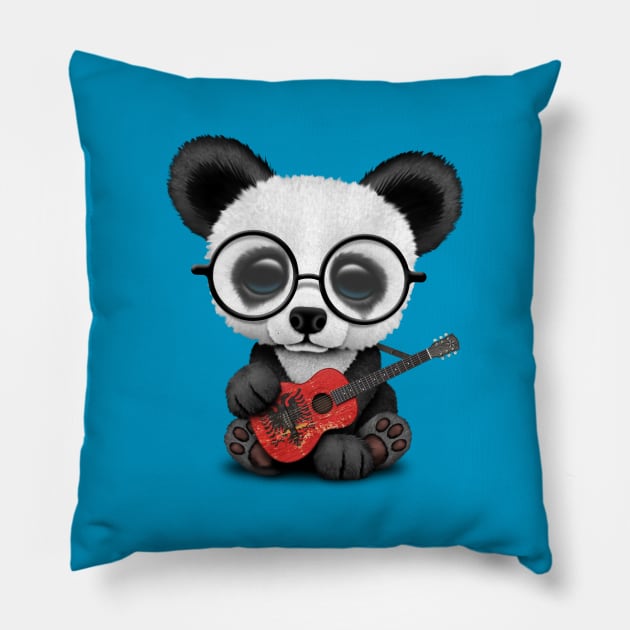 Baby Panda Playing Albanian Flag Guitar Pillow by jeffbartels