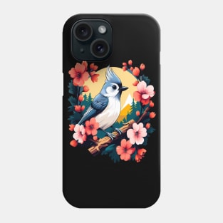 Cute Tufted Titmouse Surrounded by Vibrant Spring Flowers Phone Case