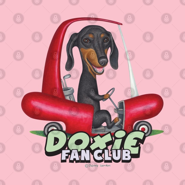 Cute Doxie Dog driving hotdog golf cart on Black Dachshund Driving Golf Cart by Danny Gordon Art