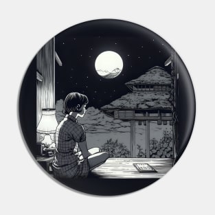 Lonely woman looking at moon on balcony Pin