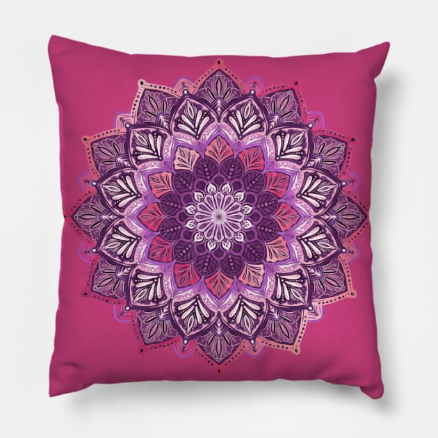 Boho Mandala in Deep Purple and Pink Pillow by micklyn