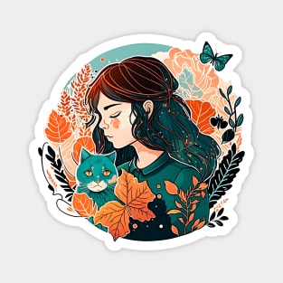 Cat & Girl Kawaii Anime Retro Fall Cat Mom Magnet