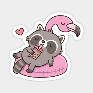 Cute Raccoon Chilling on Flamingo Pool Float Magnet