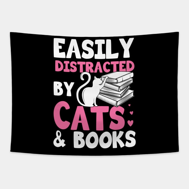 Easily Distracted By Cats And Books Gift Tapestry by Delightful Designs