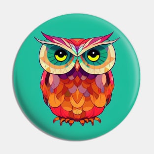 Colorful Owl Portrait Illustration - Bright Vibrant Colors Bohemian Style Feathers Psychedelic Bird Animal Rainbow Colored Art Pin