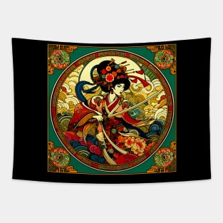 Chinese Woman Swordfighter in Art Deco Style Tapestry