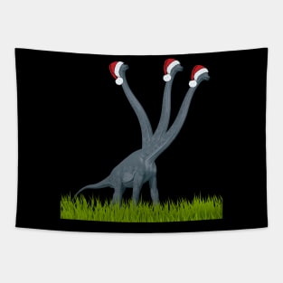 Dinosaur celebrates Christmas with Santa caps on | 3-necked dinosaur Tapestry