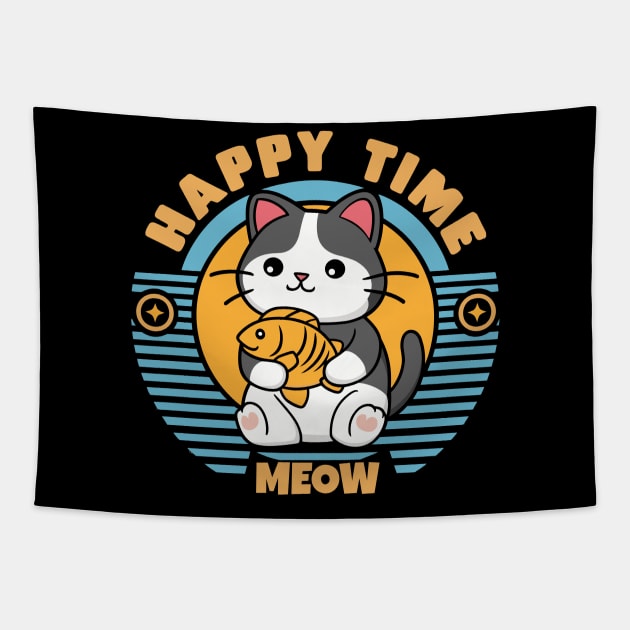 Cute Happy Time Meow Cat With Fish Retro Design Tapestry by TF Brands
