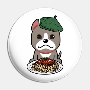 Cute grey dog eating spaghetti Pin