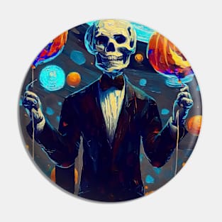 Spooky handsome skeleton in suit holding pumpkins balloons Pin