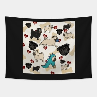 Pug Lover Design, Cute Pugs with Hearts & Paw Prints I Love Pugs Tapestry