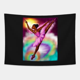 Black ballerina with corn rows and sky background   ! beautiful  black girl with Afro hair and dark brown skin wearing a pink tutu.Hair love ! Tapestry