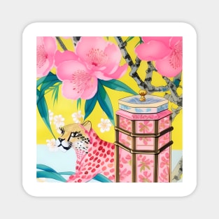 Preppy cheetah, chinoiserie jar and cherry blossom Magnet