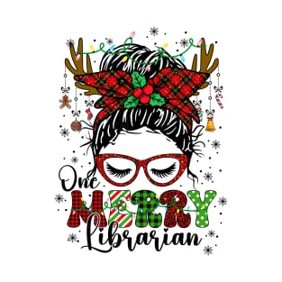 Merry Librarian Christmas Messy Bun School Librarian T-Shirt