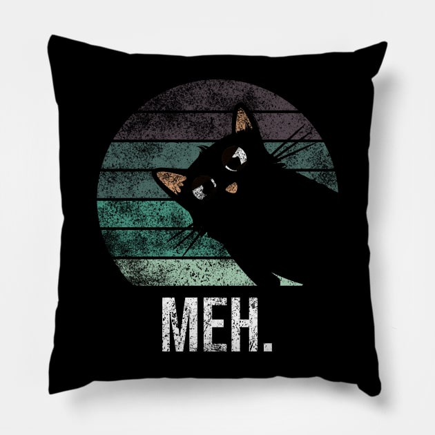 Cute and funny vintage meh black cat Pillow by Rishirt