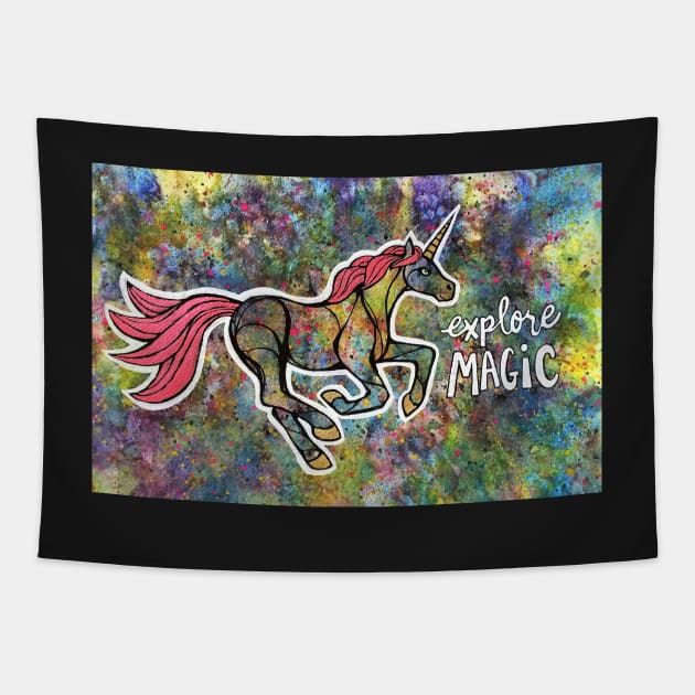 Explore Magic. Magical Unicorn Watercolor Illustration. Tapestry by mellierosetest