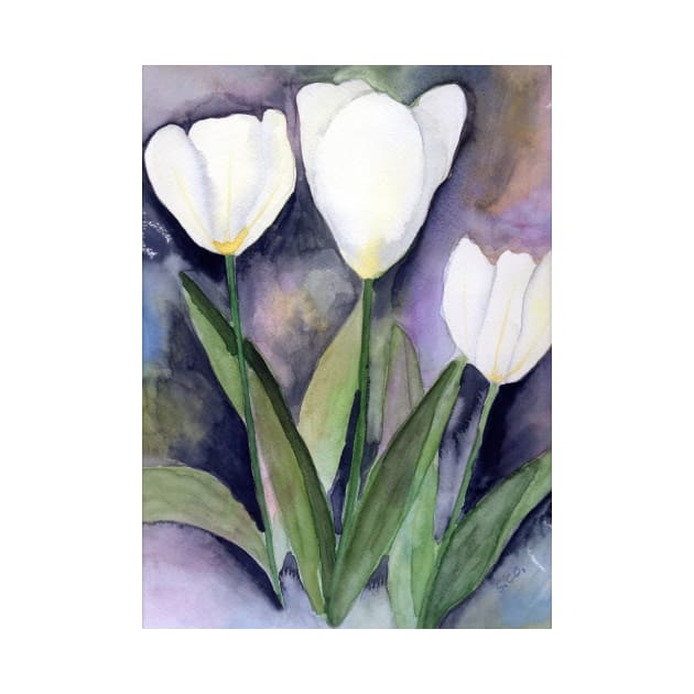 White Tulips Dreamy Watercolor Art by Sandraartist