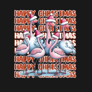 Happy Christmas Flamingo Family in Santa Hats T-Shirt