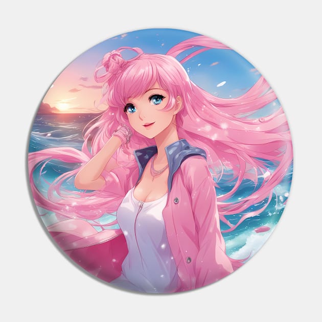 Anime Girl Graphic Colorful  hair and Eye-Catching Design for Any Outfit Pin by animegirlnft