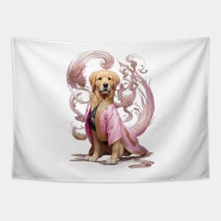 Majestic Imperial: Golden Retriever in Royal Pink Hanbok Tapestry