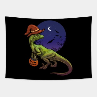 Halloween raptor t rex with pumpkin jack o'lantern and sweets Tapestry