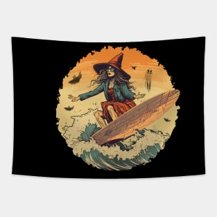 Surfing Halloween Witch Tapestry