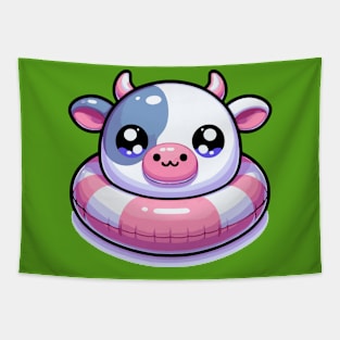 Kawaii Cow on a Pool Float Tapestry