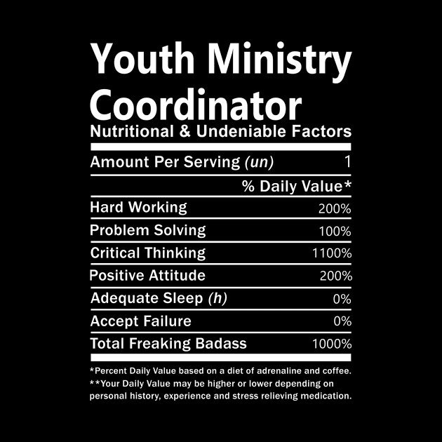 Youth Ministry Coordinator T Shirt - Nutritional and Undeniable Factors Gift Item Tee by Ryalgi