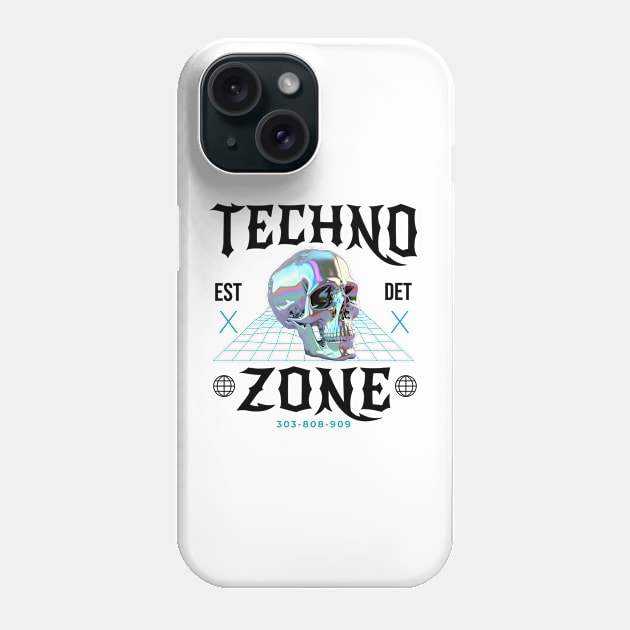 TECHNO - Techno Zone Skull (Black/Blue) Phone Case by DISCOTHREADZ 