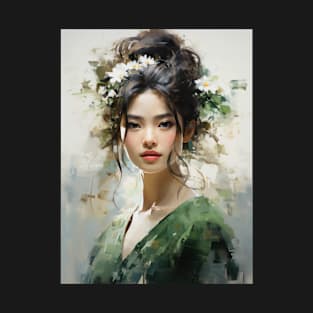 Japanese Girl in Green With Daisies in Her Hair T-Shirt