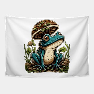 Cottagecore Blue Frog Under Mushroom Tapestry