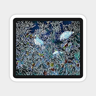 &quot;Feast&quot; - a multi-colour reduction linocut of white cockatoos by Geoff Hargraves Magnet