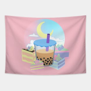 Boba Tea Cake Pastel Kawaii Moon Bubble Tea Dessert Cute Japanese Y2K Vaporwave Tapestry