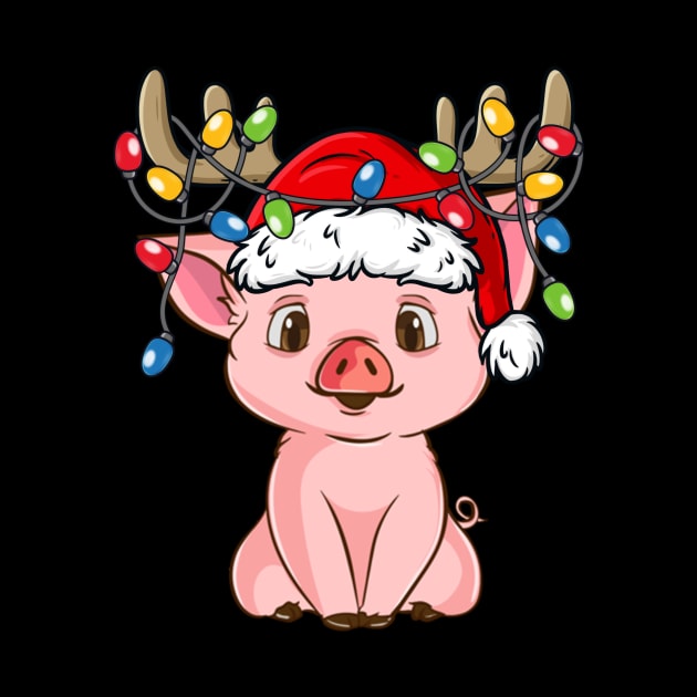 Pig With Santa Hat Reindeer Antlers Christmas Lights by Kimko