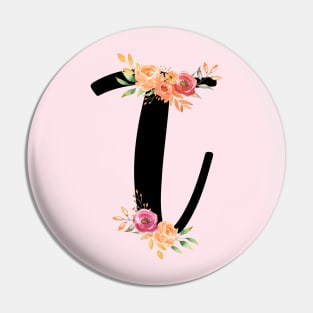 Letter T With Watercolor Floral Wreath Pin