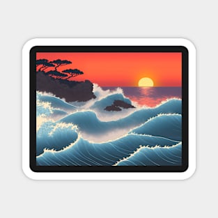 Ukiyo-e Japanese Art - Waves Crashing Against a Rocky Coast at Sunset Magnet