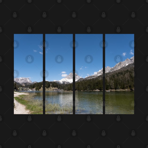 The fabulous alpine lake of Misurina in the Dolomites. Boat on the water. Lovely and relaxing place in the Italian Alps. Reflections in the rippled water. Sunny spring day. by fabbroni-art