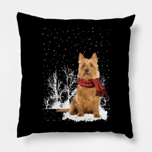 Christmas Australian Terrier With Scarf In Winter Forest Pillow