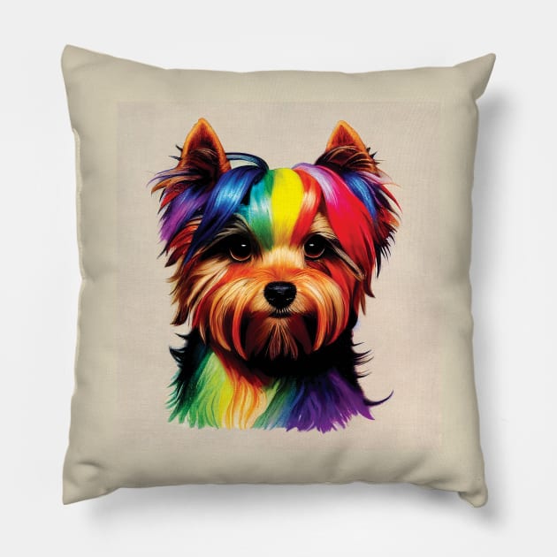 Yorkshire Terrier Dog in Rainbow Colours Pillow by Geminiartstudio