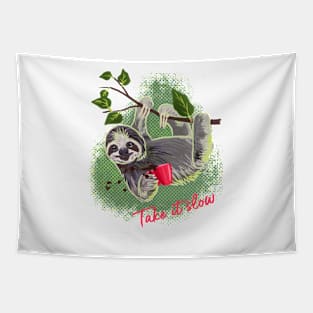 Take it slow sloth and coffee mug print Tapestry