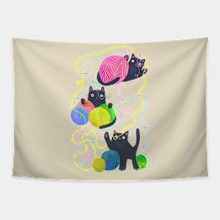 Super Cute Black Cats Design: Playful Yarn Kitties Delight Tapestry