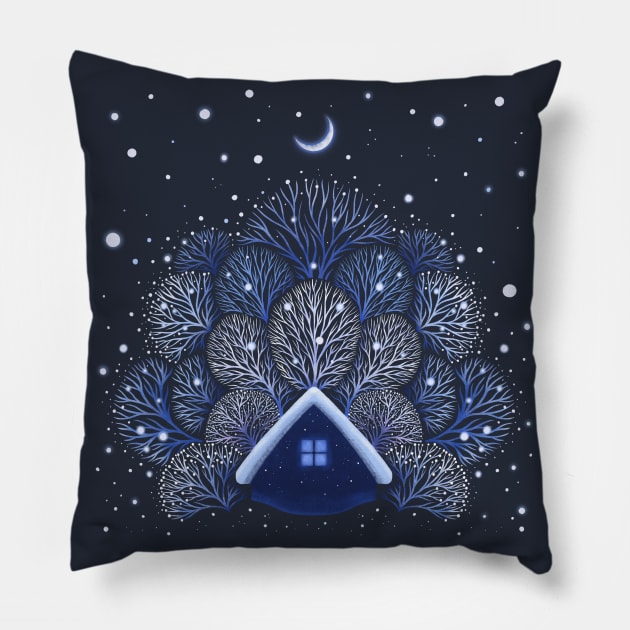 Tiny House - Snowy Night Pillow by Episodic Drawing