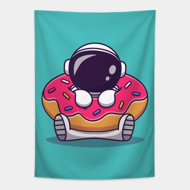 Cute Astronaut With Doughnut Cartoon Tapestry by Catalyst Labs