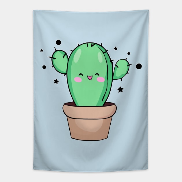 Happy smiling baby cactus in vase with stars. Kawaii cartoon Tapestry by SPJE Illustration Photography