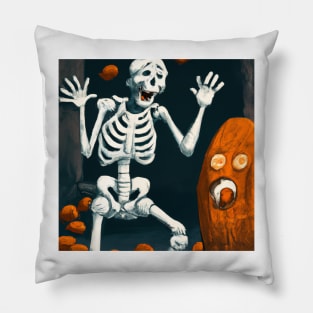 Halloween Skeleton Startled by a Jack-o-Lantern Pillow