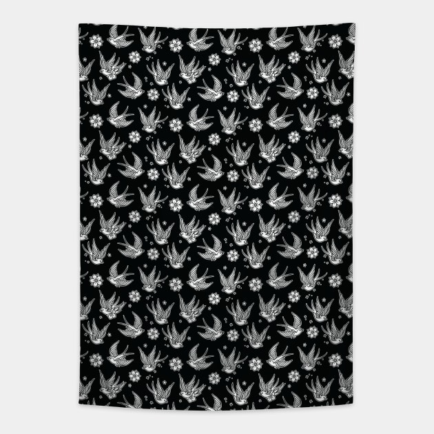 Sparrow Tattoo Pattern Variant Black and white Tapestry by Seven Relics