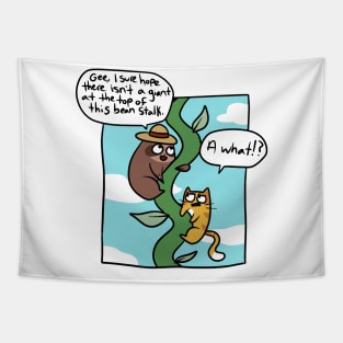 Cat and Sloth climbing a Bean Stalk Comic Tapestry